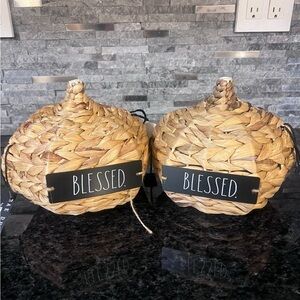 RAE DUNN Rattan Weaved “BLESSED” Fall Pumpkins 7x8-Set of 2